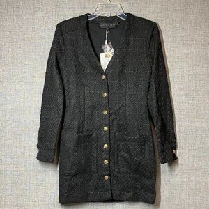 Endless Rose NWT Black Tweed Button Front Long Sleeve Mini Dress